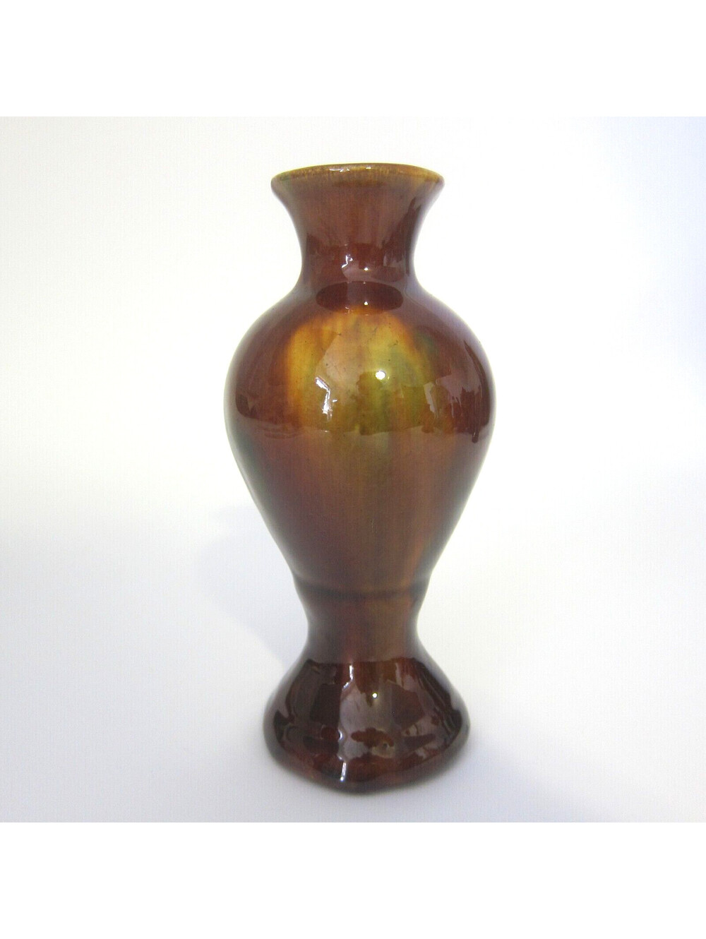 Antique Rockingham Art Pottery Vase 5.5" Mottled Brown Green Drip Glaze Flared